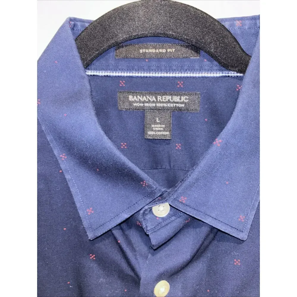 Banana Republic Mens Large Non-Iron Standard Fit Navy Red Print 100% Cotton EUC